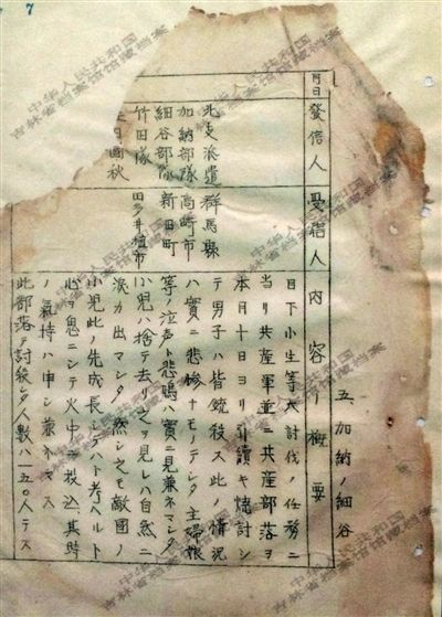1944年《郵政檢閱月報(二月)》中的一份文件,文件記載了日軍在掃蕩一個村落時,所有男子被殺,小孩被扔進火中,共有150人遇害。新華社發(fā)
