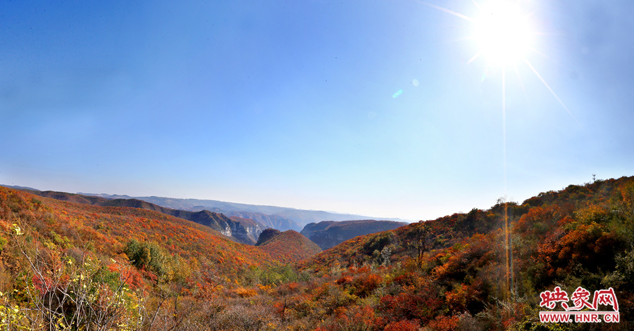山頂遠(yuǎn)眺，紅葉已經(jīng)綻放出絢麗的色彩